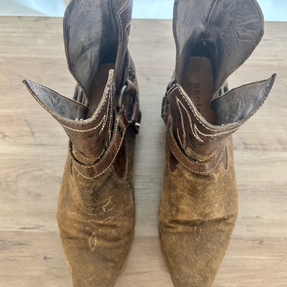 Bed Stu “Canada” Brown Suede & Leather Harness Western Style Ankle Boots - Picture 3 of 16